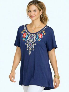 Johnny Was LA Blue Embroidered Floral V-Neck T-Shirt Tunic Blue Size XL
